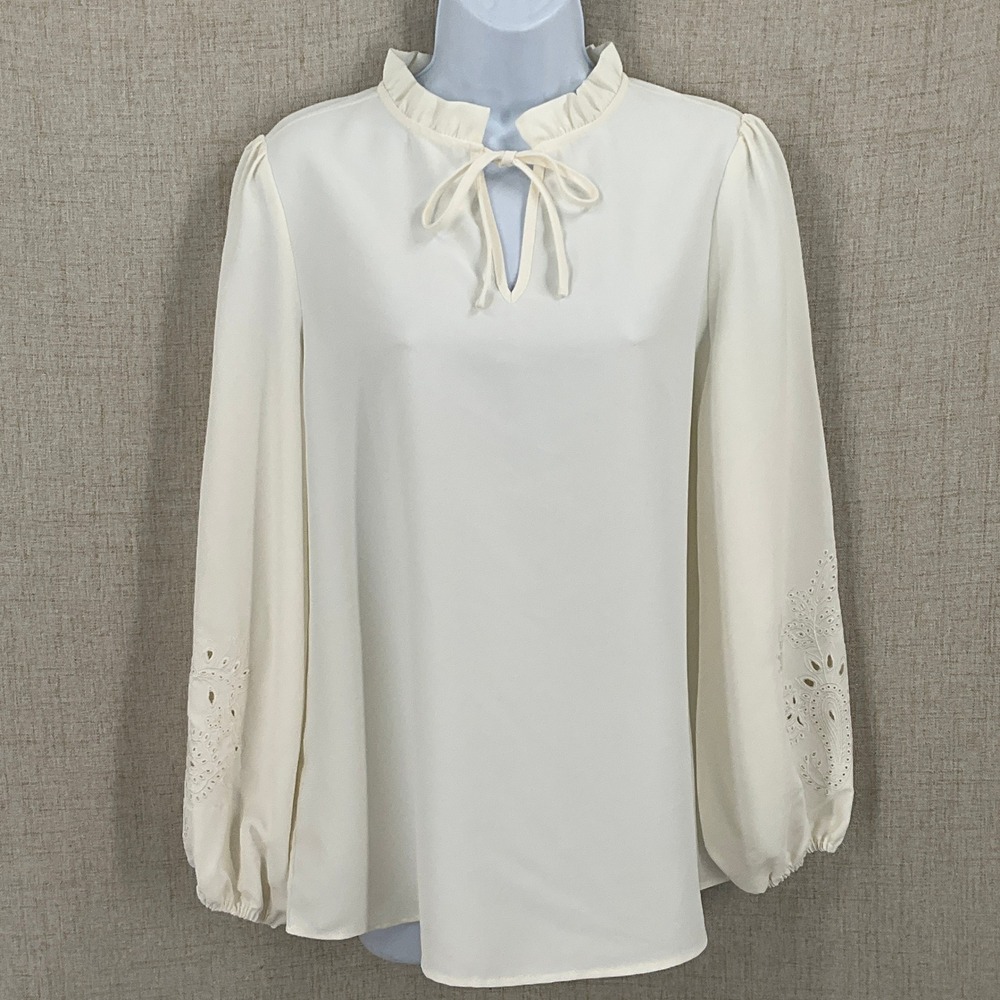 Adrianna Papell Blouse Womens M Ivory Eyelet Boho Ruffle Tie Neck Victorian